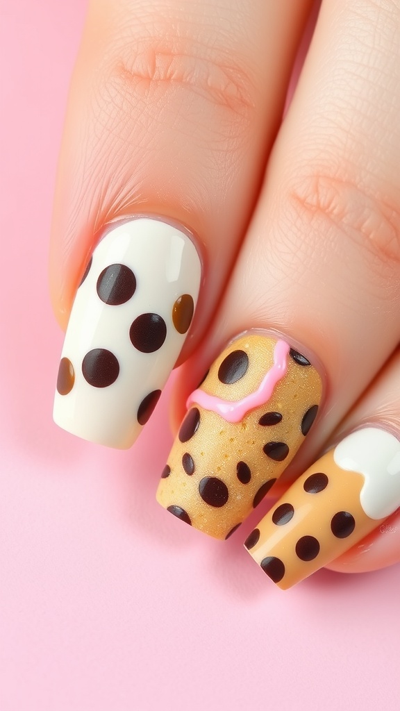 Close-up of cookie-themed nail art with colorful designs resembling cookies on manicured nails.